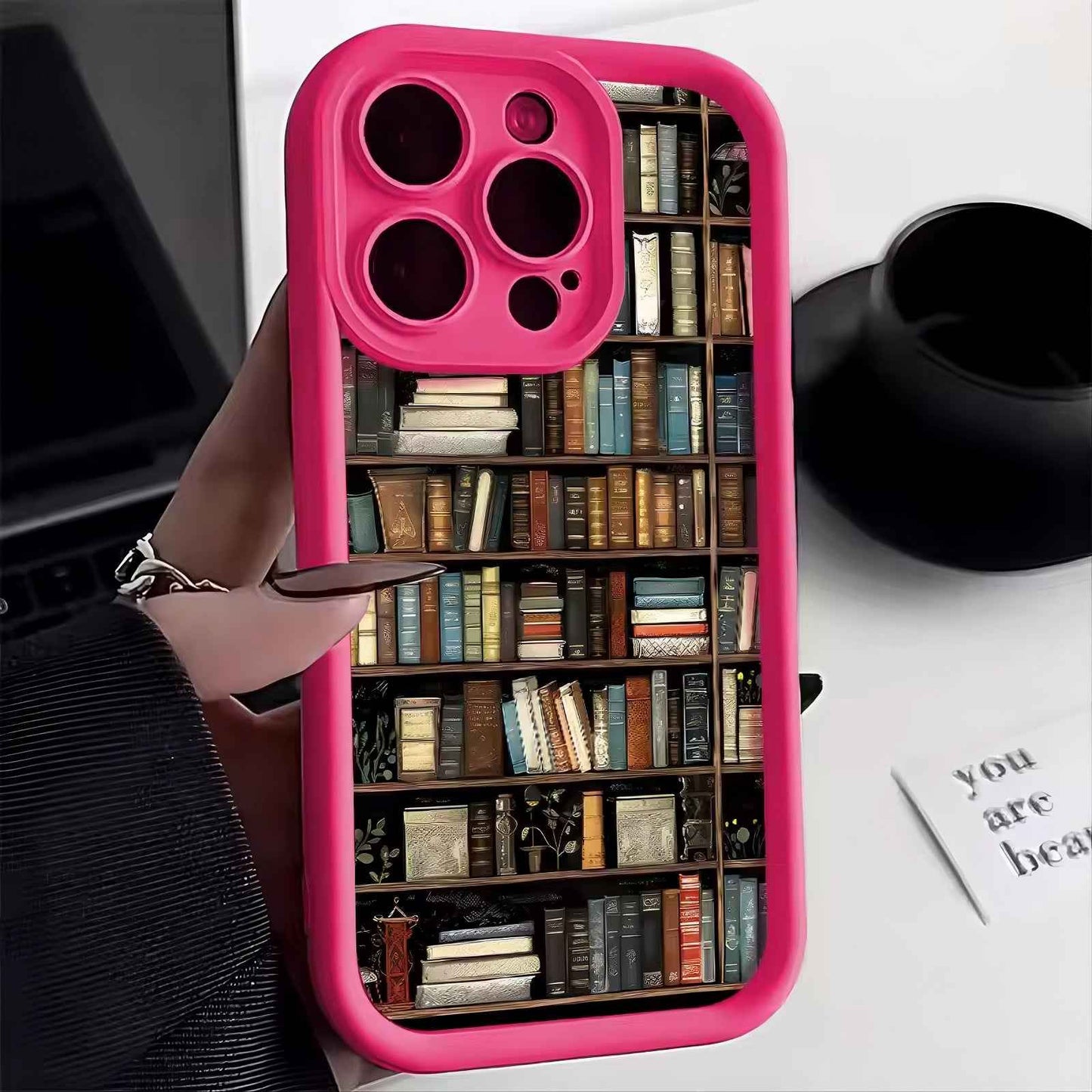 Silicone iPhone Case with Bookshelf Design – Matte Shockproof Designer Phone Case, Creative Patterned Novelty Cover