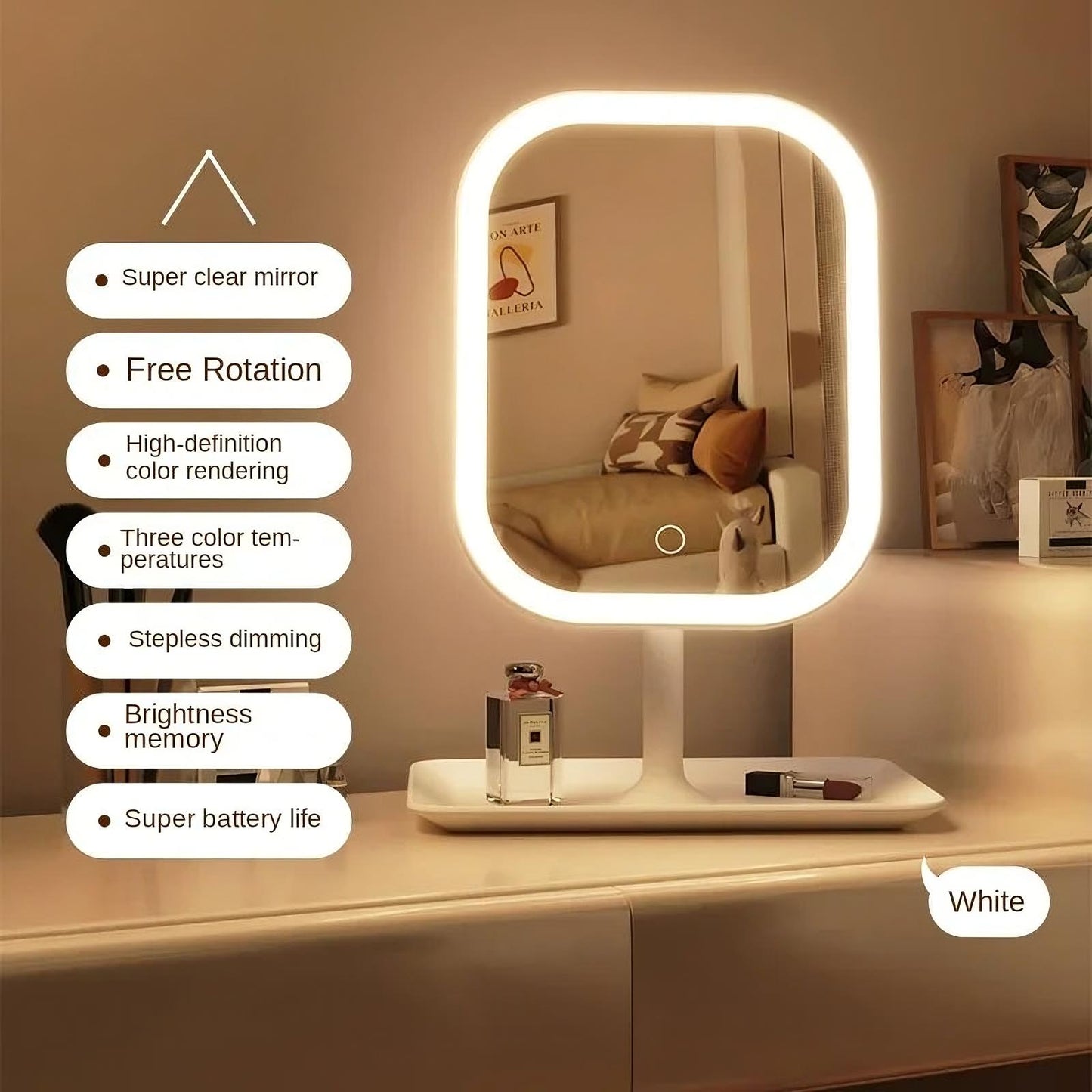 Vanity Mirror with Lights – Rechargeable LED Makeup Vanity Mirror with Stand, 3 Color Modes, Dimmable Touch Control Lighted Vanity Mirror for Dressing Table, Desktop & Skincare Use
