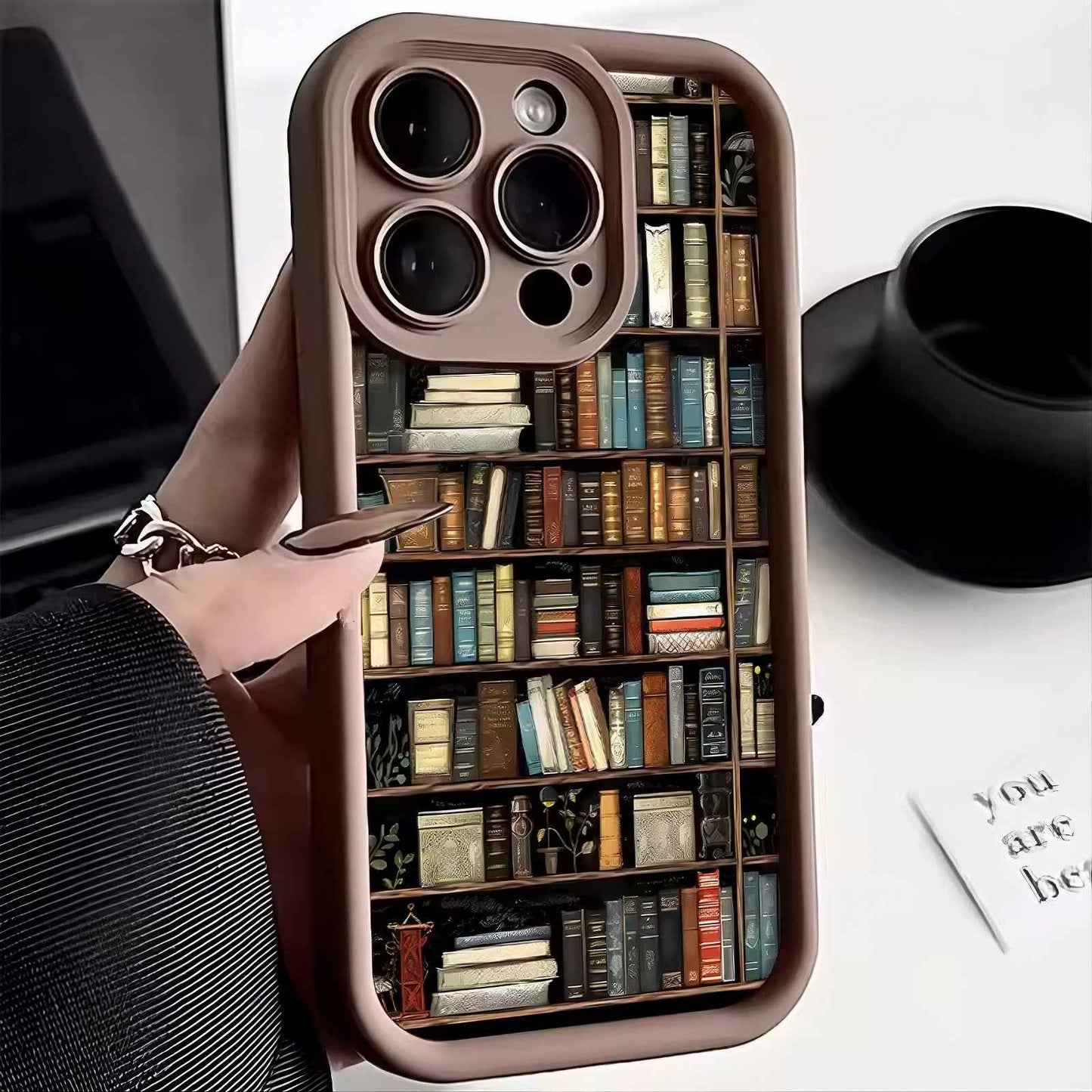 Silicone iPhone Case with Bookshelf Design – Matte Shockproof Designer Phone Case, Creative Patterned Novelty Cover