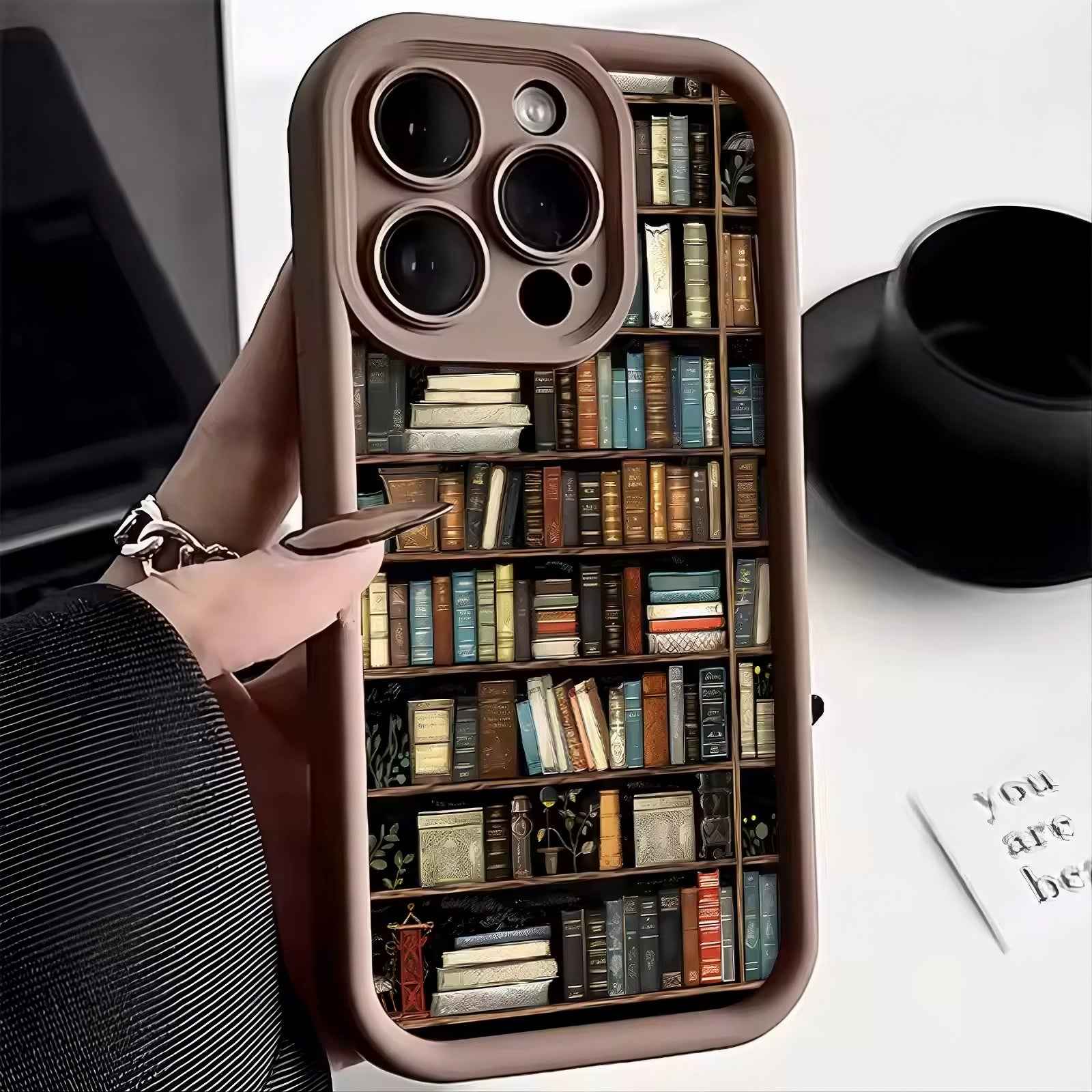 Silicone iPhone Case with Bookshelf Design – Matte Shockproof Designer Phone Case, Creative Patterned Novelty Cover