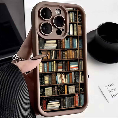 Silicone iPhone Case with Bookshelf Design – Matte Shockproof Designer Phone Case, Creative Patterned Novelty Cover