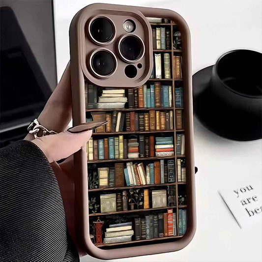 Silicone iPhone Case with Bookshelf Design – Matte Shockproof Designer Phone Case, Creative Patterned Novelty Cover