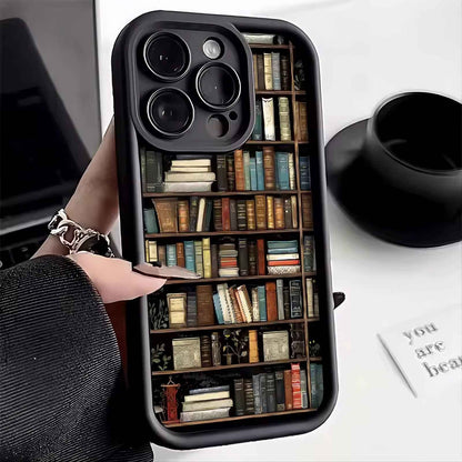 Silicone iPhone Case with Bookshelf Design – Matte Shockproof Designer Phone Case, Creative Patterned Novelty Cover