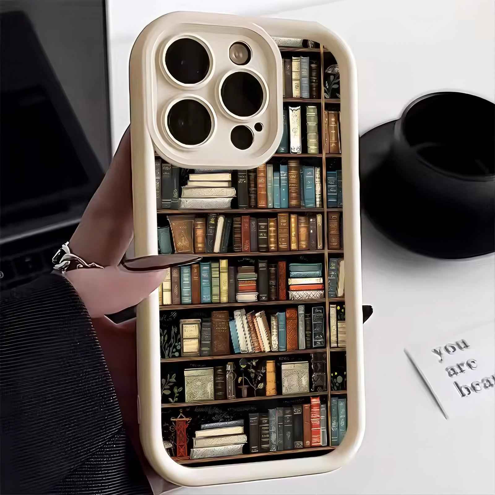 Silicone iPhone Case with Bookshelf Design – Matte Shockproof Designer Phone Case, Creative Patterned Novelty Cover