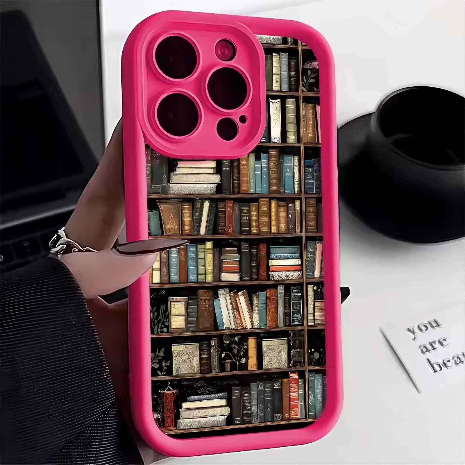 Silicone iPhone Case with Bookshelf Design – Matte Shockproof Designer Phone Case, Creative Patterned Novelty Cover