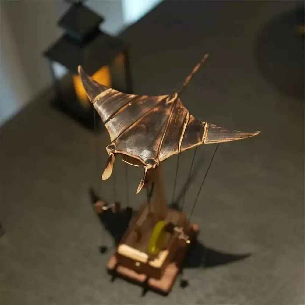 Kinetic Sculpture – Handmade Wooden Manta Ray Mechanical Desk Ornament for Ocean Themed Home Decor