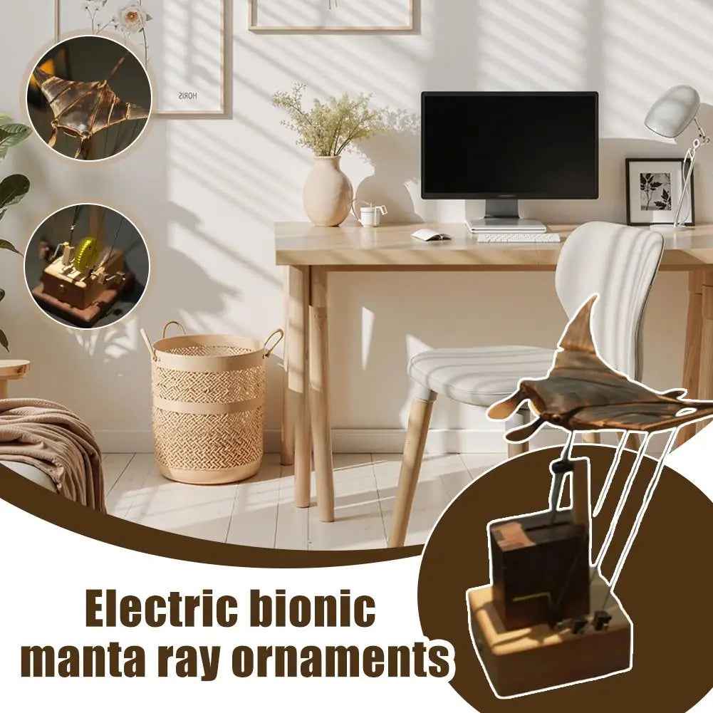 Kinetic Sculpture – Handmade Wooden Manta Ray Mechanical Desk Ornament for Ocean Themed Home Decor
