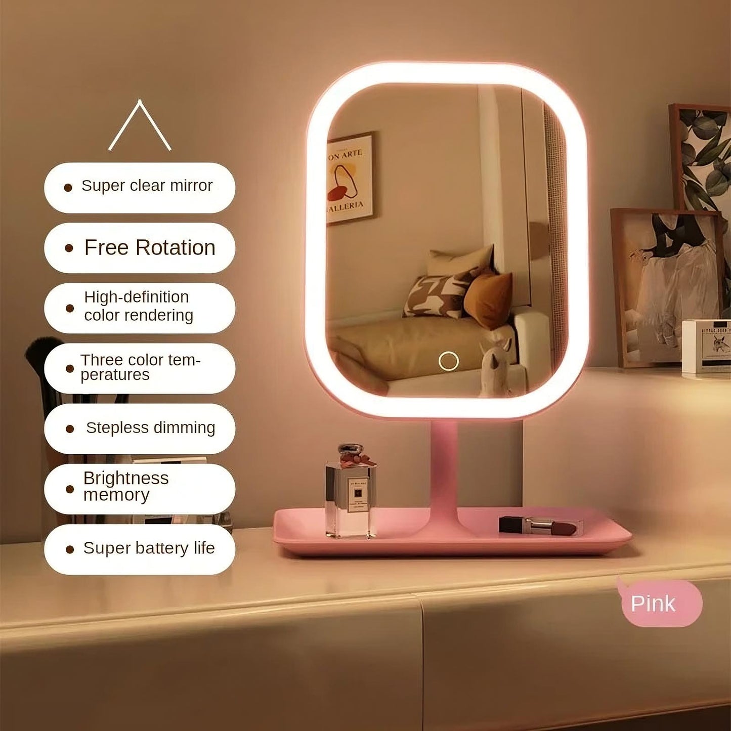 Vanity Mirror with Lights – Rechargeable LED Makeup Vanity Mirror with Stand, 3 Color Modes, Dimmable Touch Control Lighted Vanity Mirror for Dressing Table, Desktop & Skincare Use