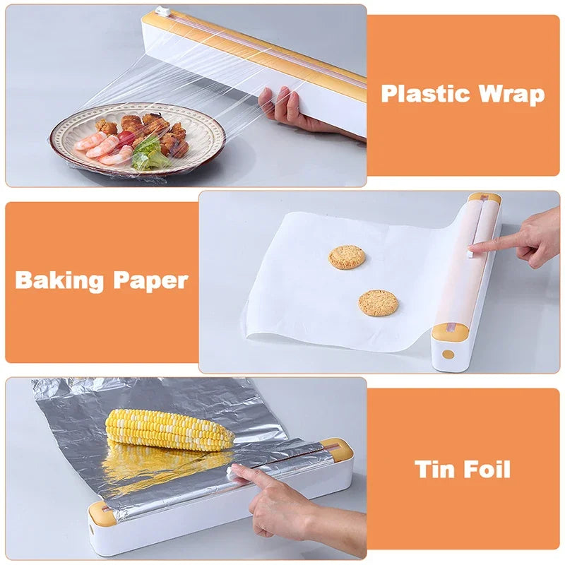 Plastic Wrap Holder Magnetic Food Film Dispenser with Cutter | Wall Mount Foil and Plastic Wrap Organizer for Aluminum Foil, Cling Film & Baking Paper