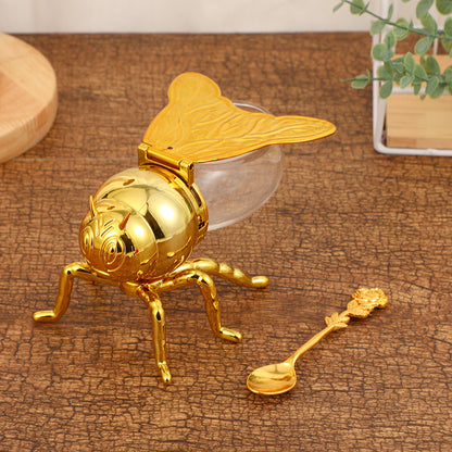 Creative Simple Bee Seasoning Jar Light Luxury Atmospheric Golden Sugar Cup with Spoon Retro Kitchen Seasoning Jar Metal Ornament