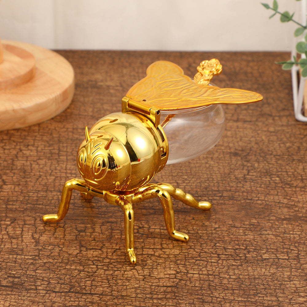 Creative Simple Bee Seasoning Jar Light Luxury Atmospheric Golden Sugar Cup with Spoon Retro Kitchen Seasoning Jar Metal Ornament