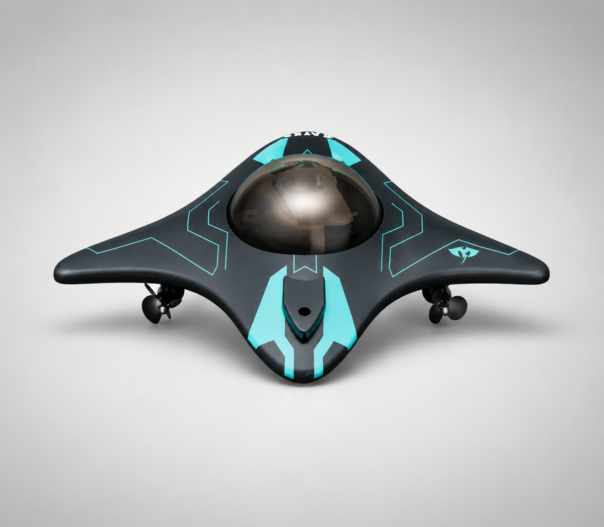 Black and blue futuristic device on a gray background