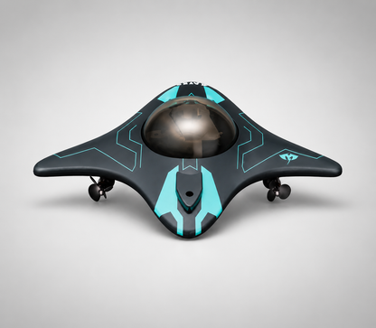 Black and blue futuristic device on a gray background