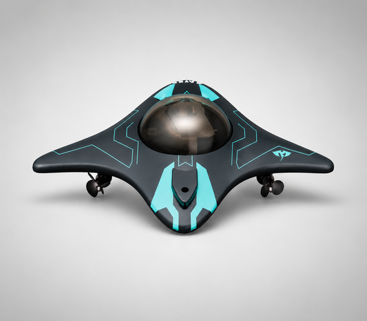 Black and blue futuristic device on a gray background
